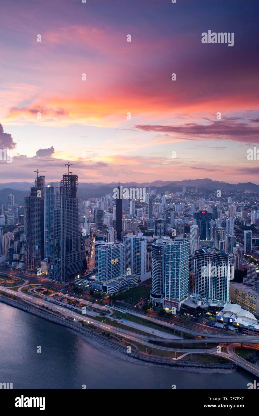 Aerial view of Panama City and bay at dusk Panama province, Panama