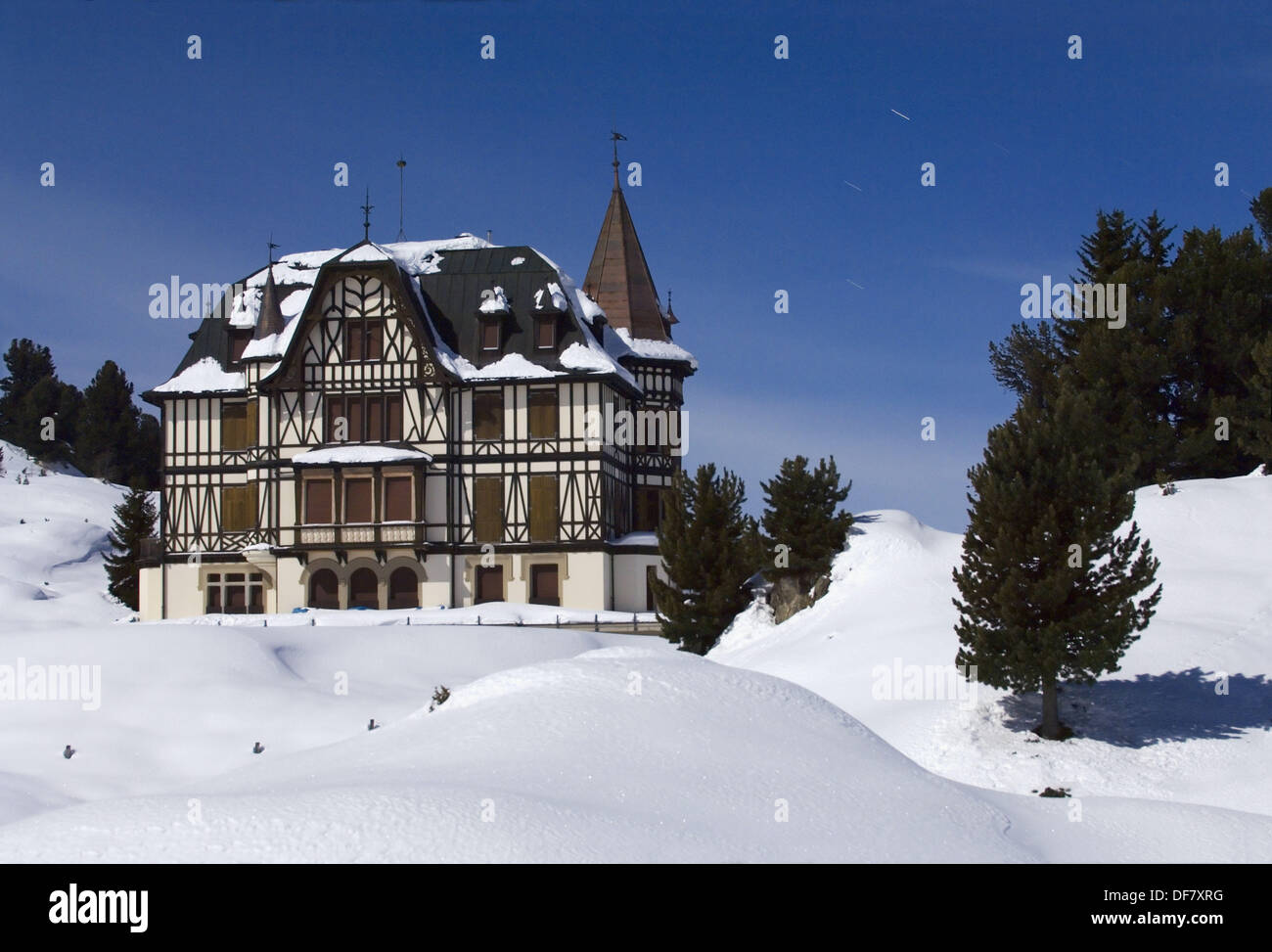 Night winter view of Villa Cassel. Riederalp municipality, Raron district, Valais, Switzerland Stock Photo