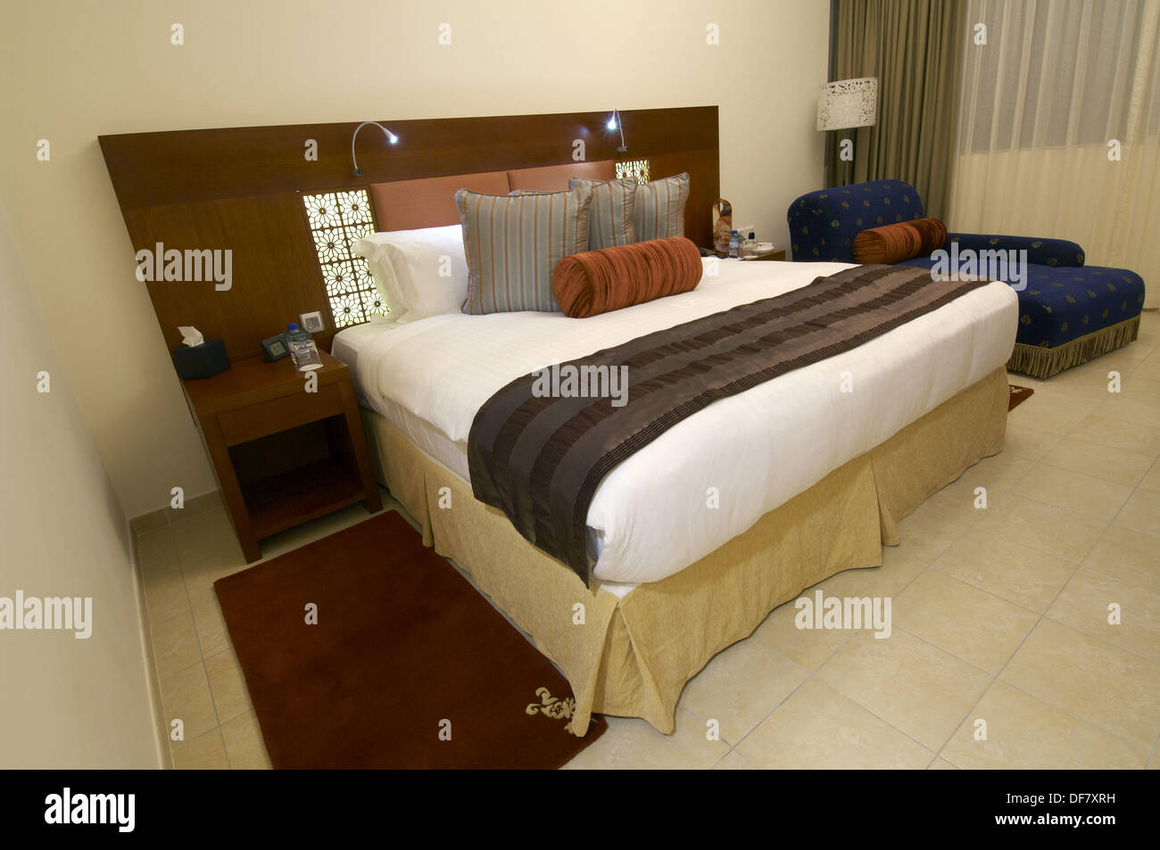 Master bedroom of a modern arab luxury suite hotel, Dubai, UAE Stock