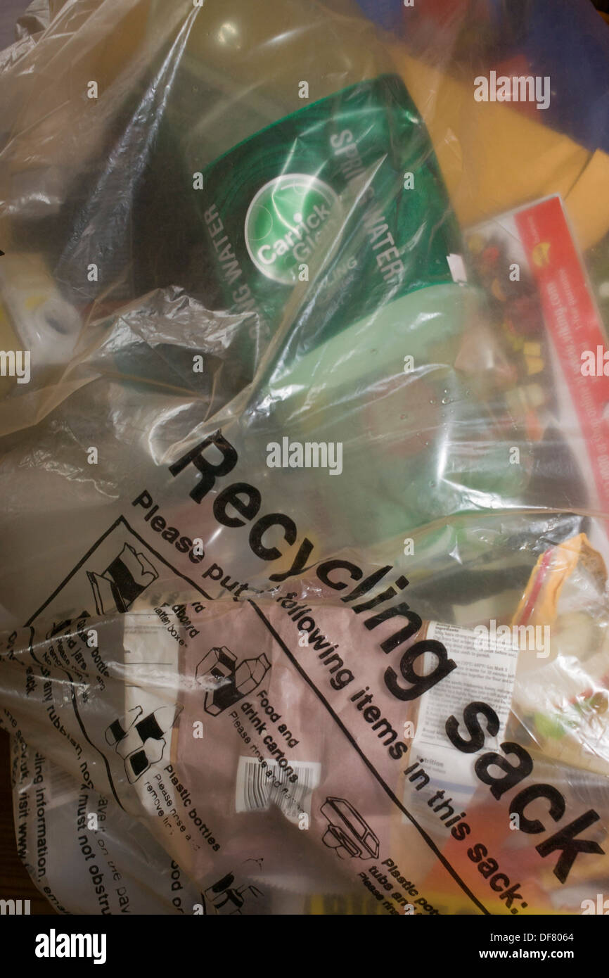 The contents of a transparent plastic recycling sack provided by Lambeth council. Stock Photo