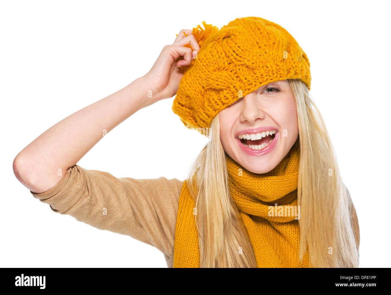 Happy girl in scarf and hat having fun Stock Photo Alamy