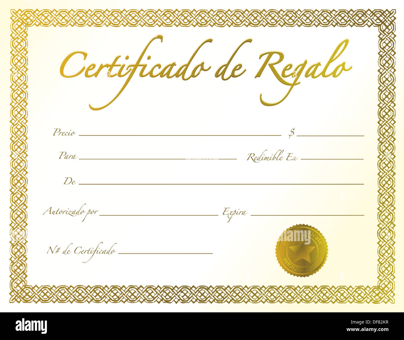 spanish gold gift certificate with golden seal and design border