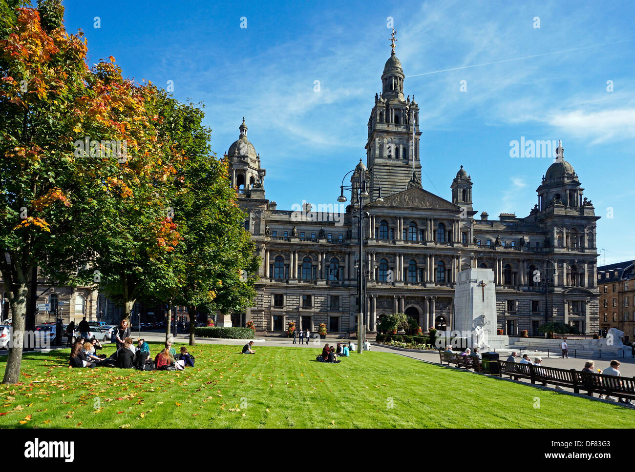 Renovated George Square in Glasgow Scotland with new surface and grass beds and showing Glasgow City council City chambers Stock Photo