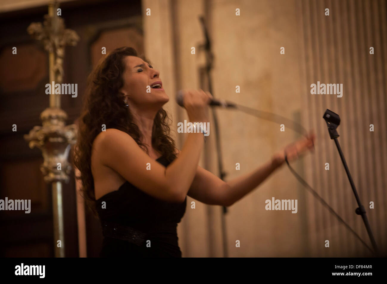 Fado singer Ana Sofia Varela performing at Caixa Alfama fado festival, in Alfama, Lisbon, Portugal. Stock Photo