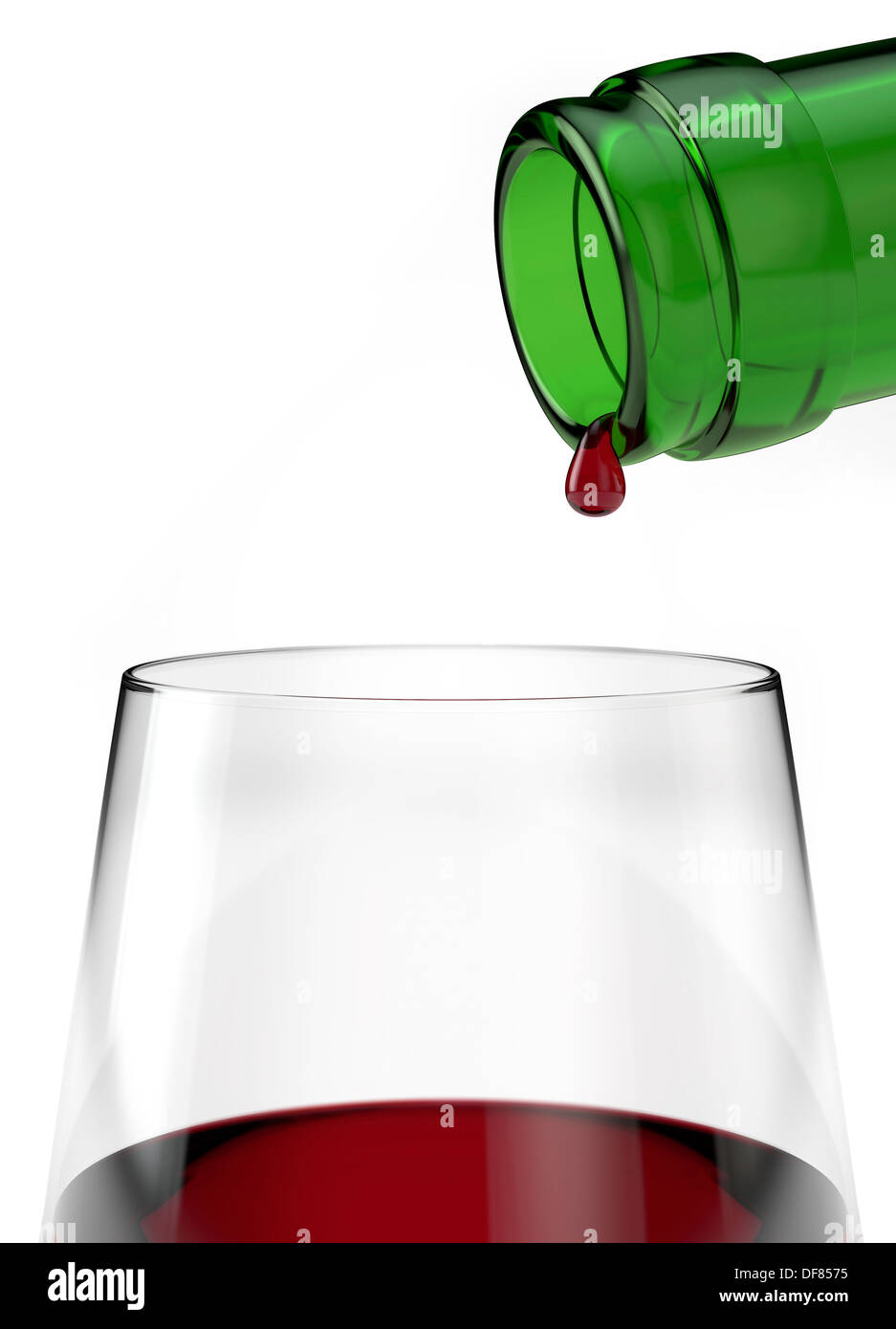 Glass of red wine with last drop pouring from the bottle. CGI closeup detail white background cut-out Stock Photo