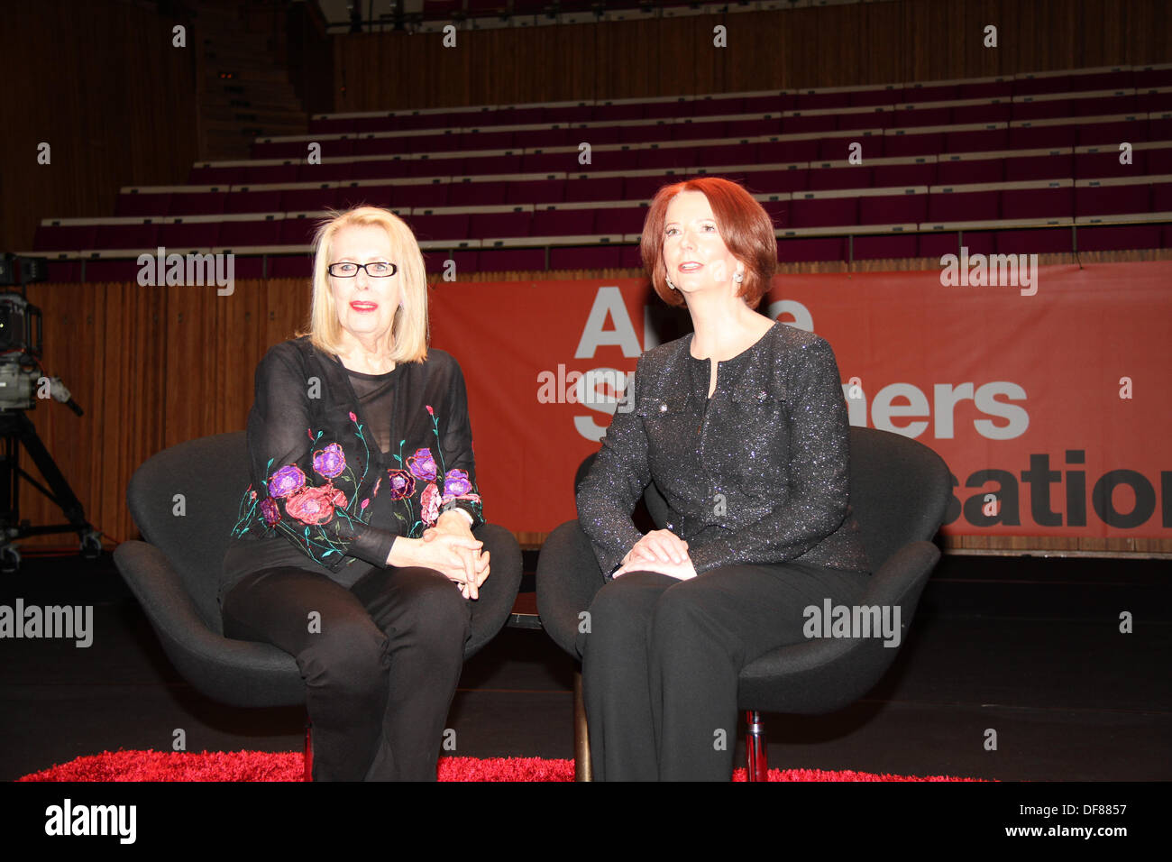 Sydney, Australia. 30th Sep, 2013. Julia Gillard makes her first public appearance since leaving the Prime Ministership in an interview with Anne Summers at the Sydney Opera House. Photos taken at photo-call before the event. Pictured are Anne Summers (L) and former Australian Prime Minister Julia Gillard (R). Credit:  Richard Milnes/Alamy Live News Stock Photo
