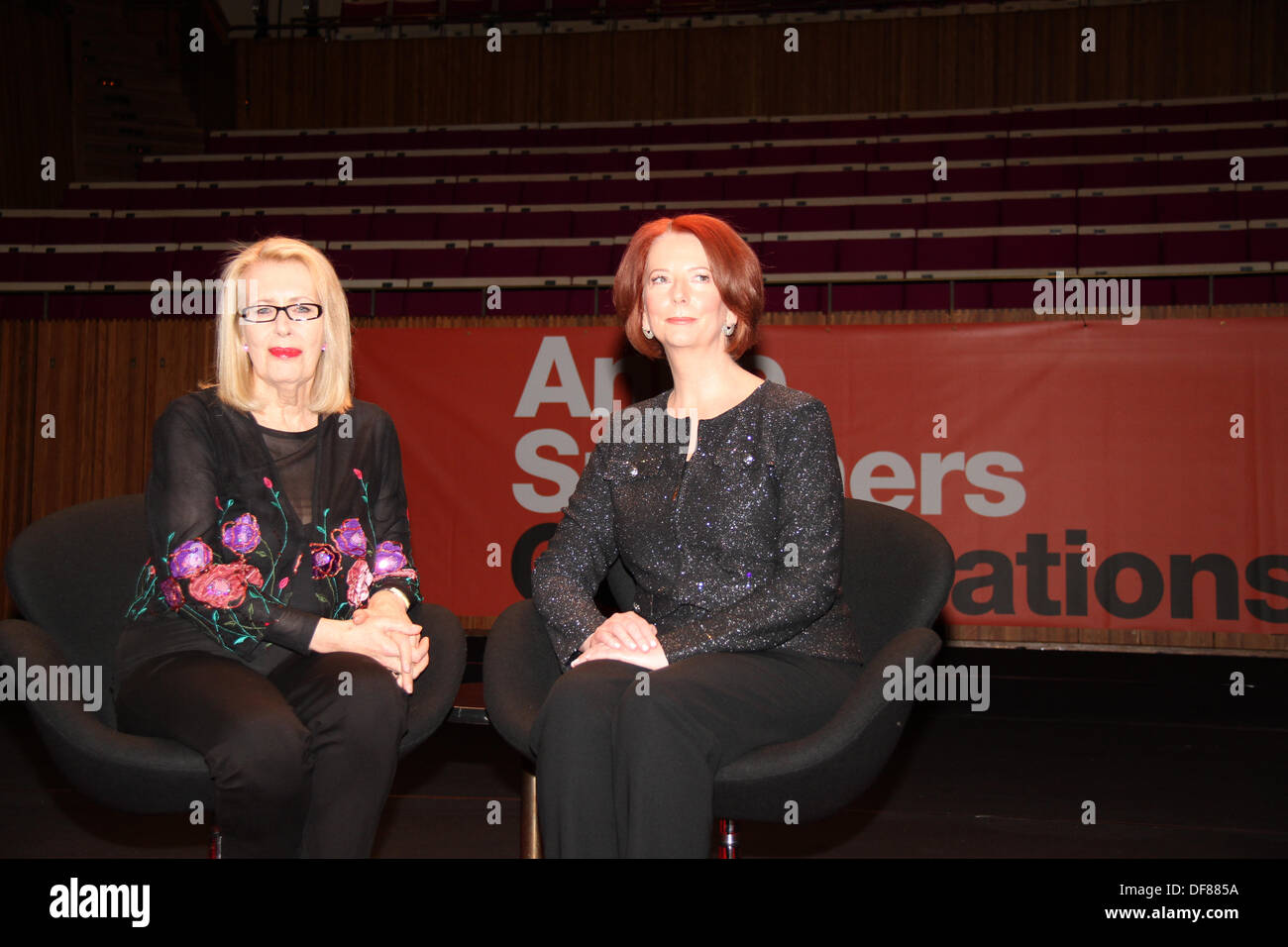 Sydney, Australia. 30th Sep, 2013. Julia Gillard makes her first public appearance since leaving the Prime Ministership in an interview with Anne Summers at the Sydney Opera House. Photos taken at photo-call before the event. Pictured are Anne Summers (L) and former Australian Prime Minister Julia Gillard (R). Credit:  Richard Milnes/Alamy Live News Stock Photo