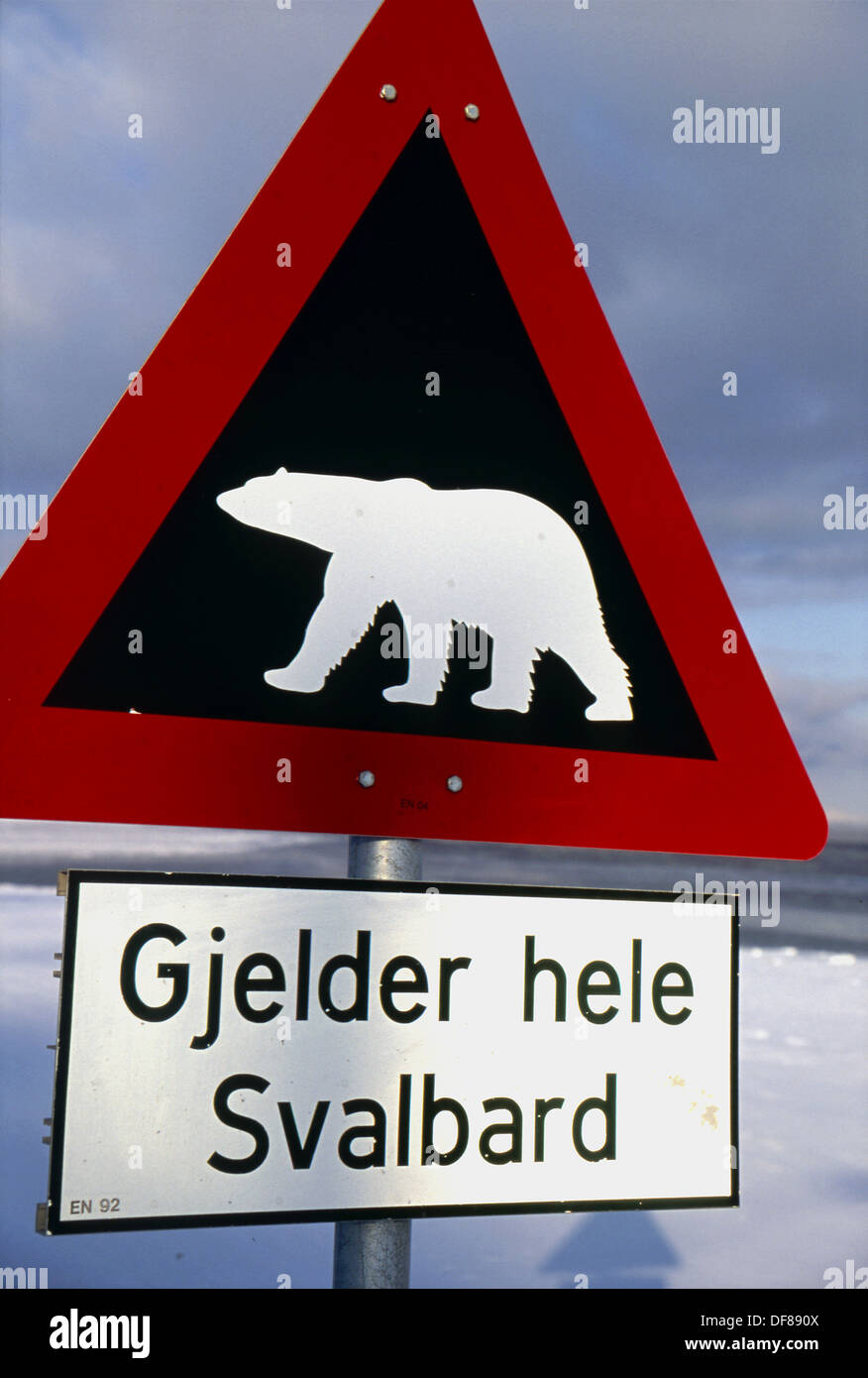 Beware of polar bears´ sign Longyearbyen Spitsbergen Island Svalbard Norwegian Arctic Stock Photo