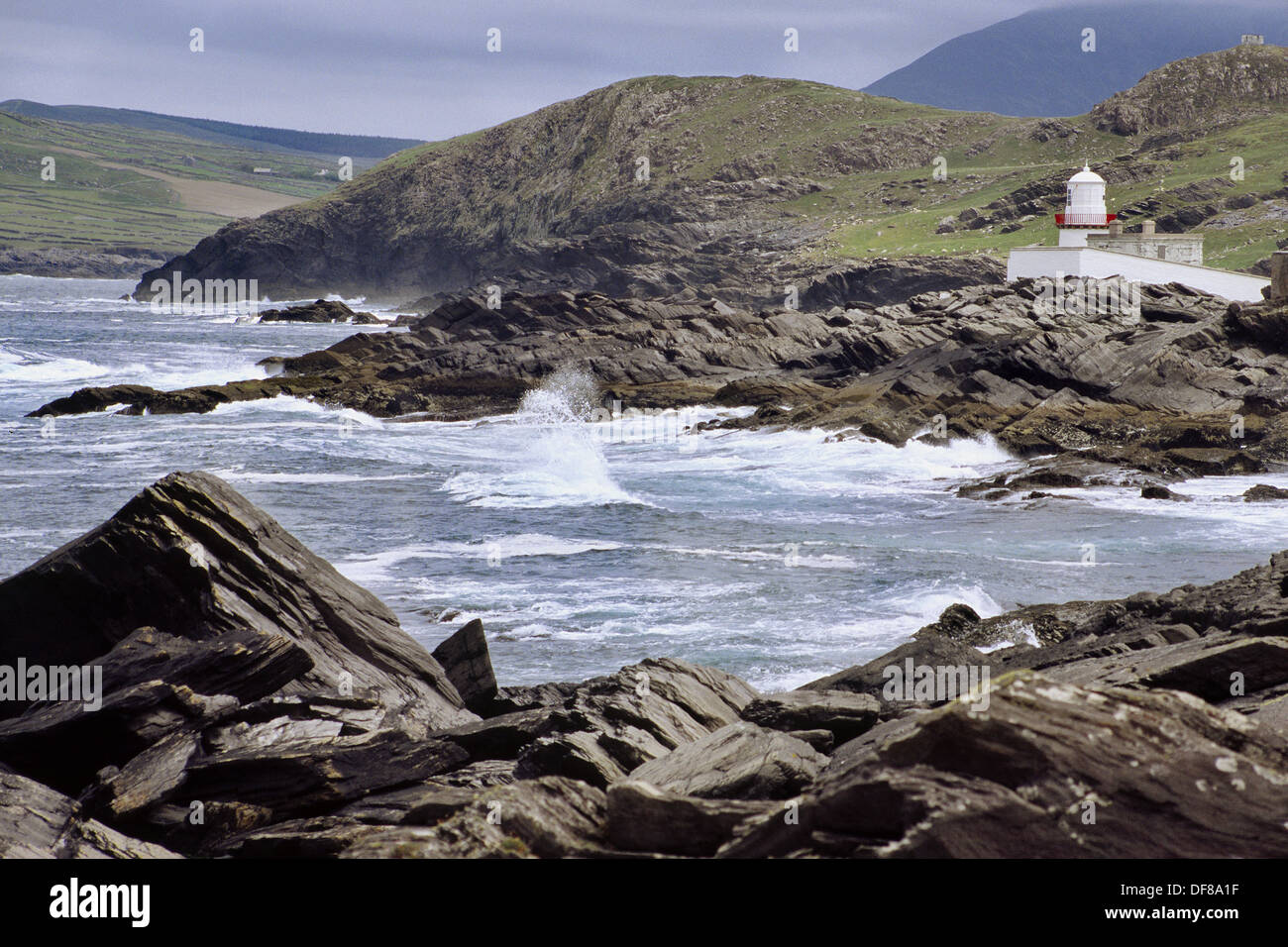 Lighthouse of the Commissioners of Irish Lights on the Dingle peninsula overlooking Dingle Bay near Knightstown. Co. Kerry, Stock Photo