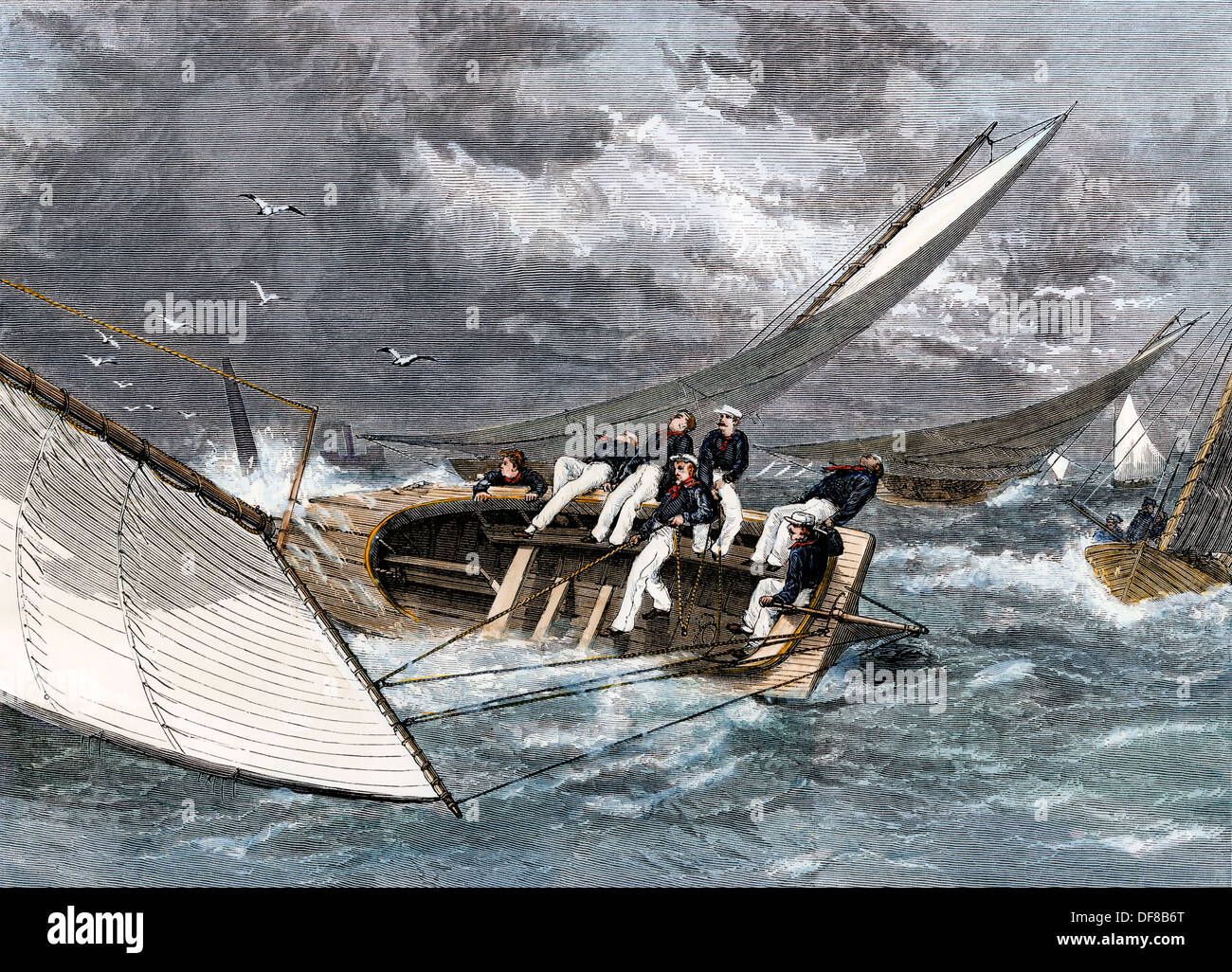 Sailboat heeling over in a hiker-yacht race on the Delaware River, 1870s. Hand-colored woodcut Stock Photo