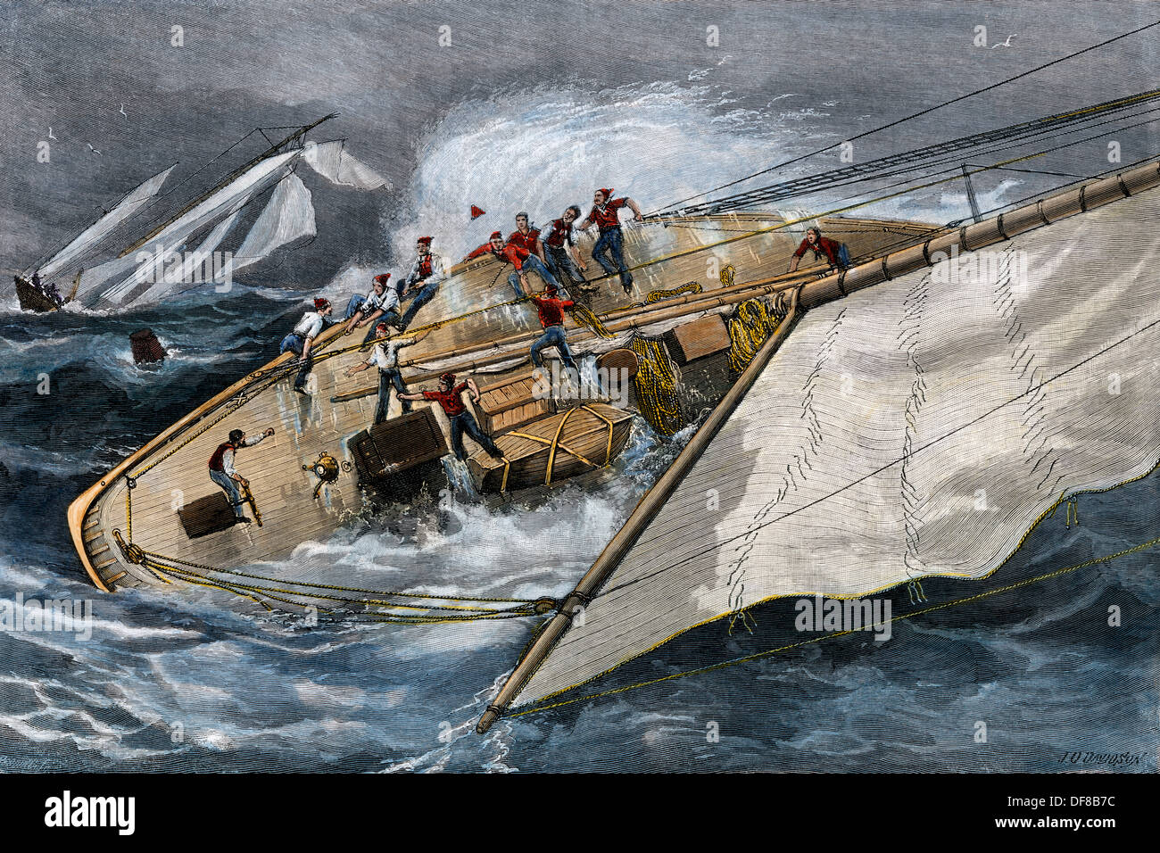 Corinthian yacht crew endangered by misunderstanding orders, 1880s. Hand-colored woodcut Stock Photo