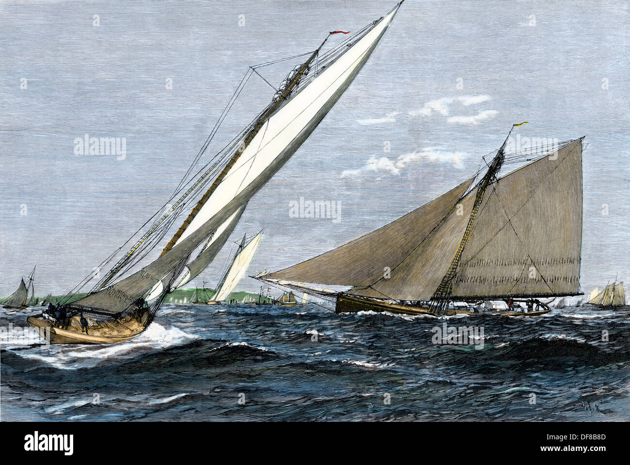 Sailing contenders Mayflower, Puritan, and Priscilla in an Eastern Yacht Club regatta, Marblehead MA, 1889. Hand-colored woodcut Stock Photo
