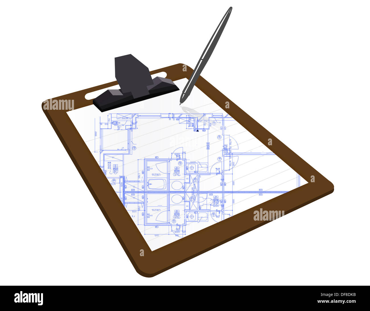 Clipboard with a blueprint sketch over a white background Stock Photo