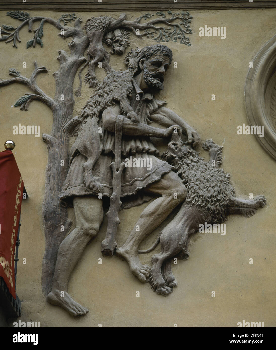 Twelve Labors of Hercules. First labor: kill the Nemean lion and take their skin. City Hall. Tarazona. Aragon. Spain. Stock Photo