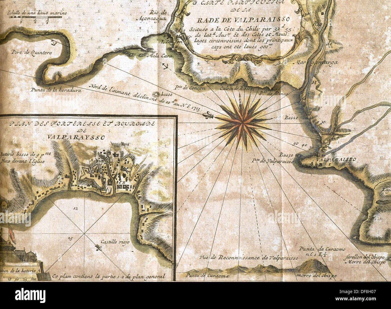 Chile. Valparaiso. Map in 1713 after an engraving of 1717. Stock Photo