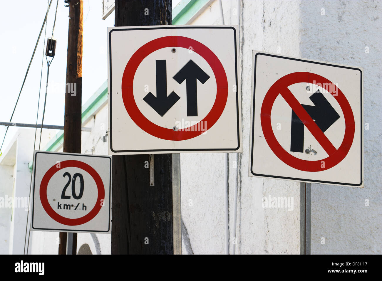 Traffic signs, two way traffic, no right turn, speed limit, kilometers per hour. Cabo San Lucas, Mexico Stock Photo
