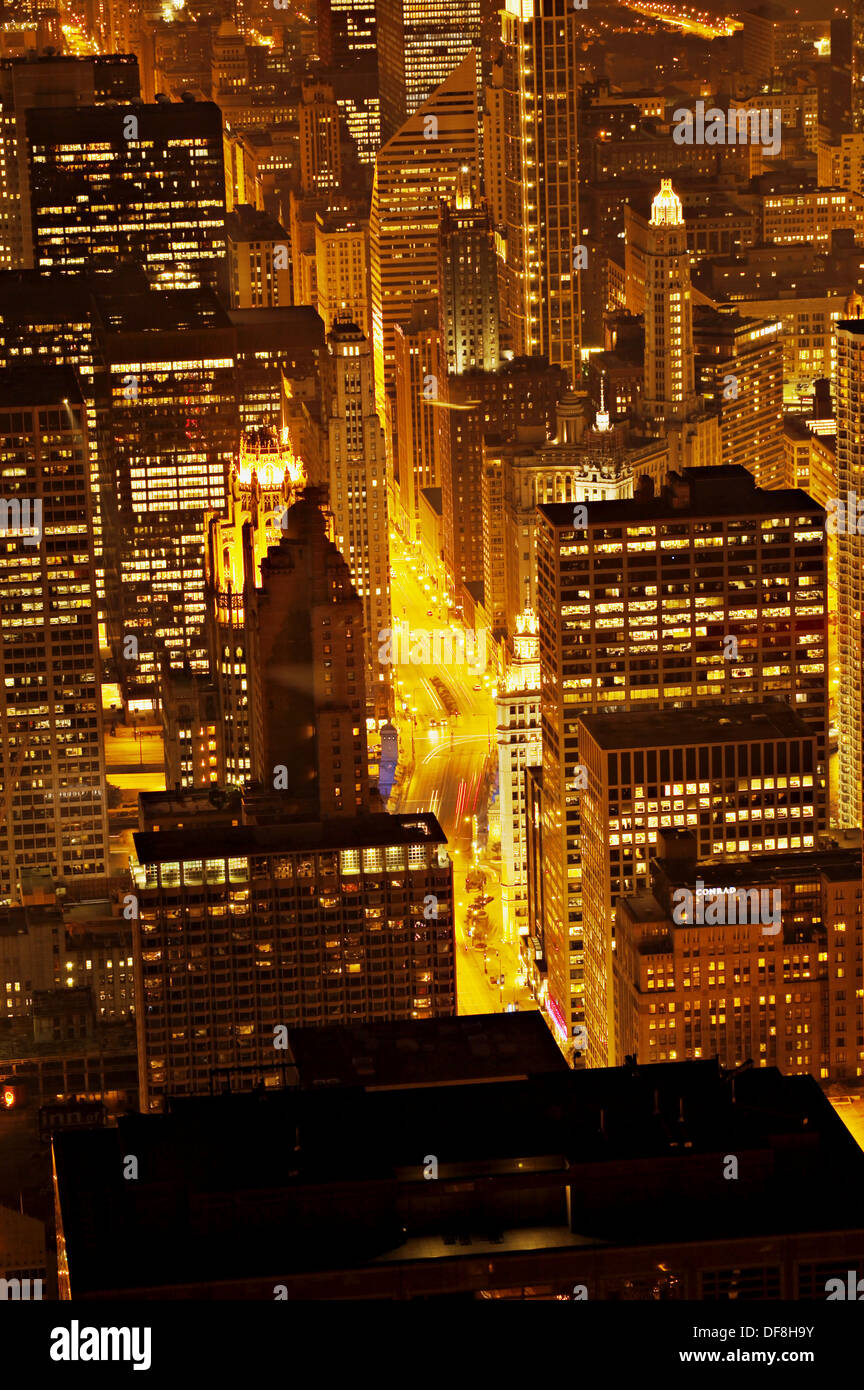 Night. Views of city at dusk from the Hancock Observatory, Sears Tower