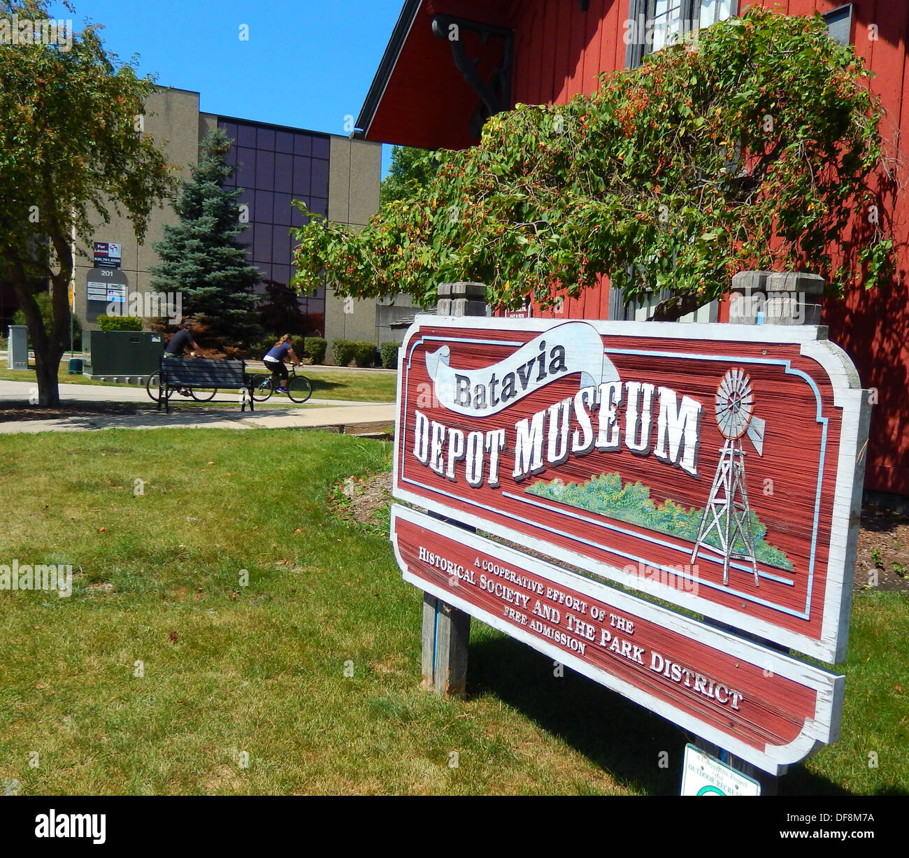 Sign for the Batavia Depot Museum in Batavia, Illinois along the Lincoln Highway, Stock Photo