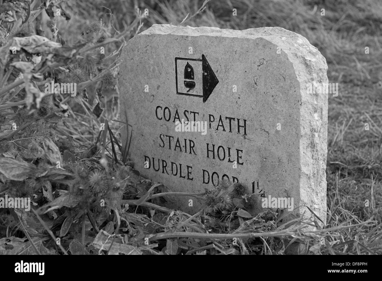 A Old Stone Path/Route Marker, Marks The Coastal Walk From Lulworth Cove To Durdle Door. Dorset, England, Uk (Black and white) Stock Photo