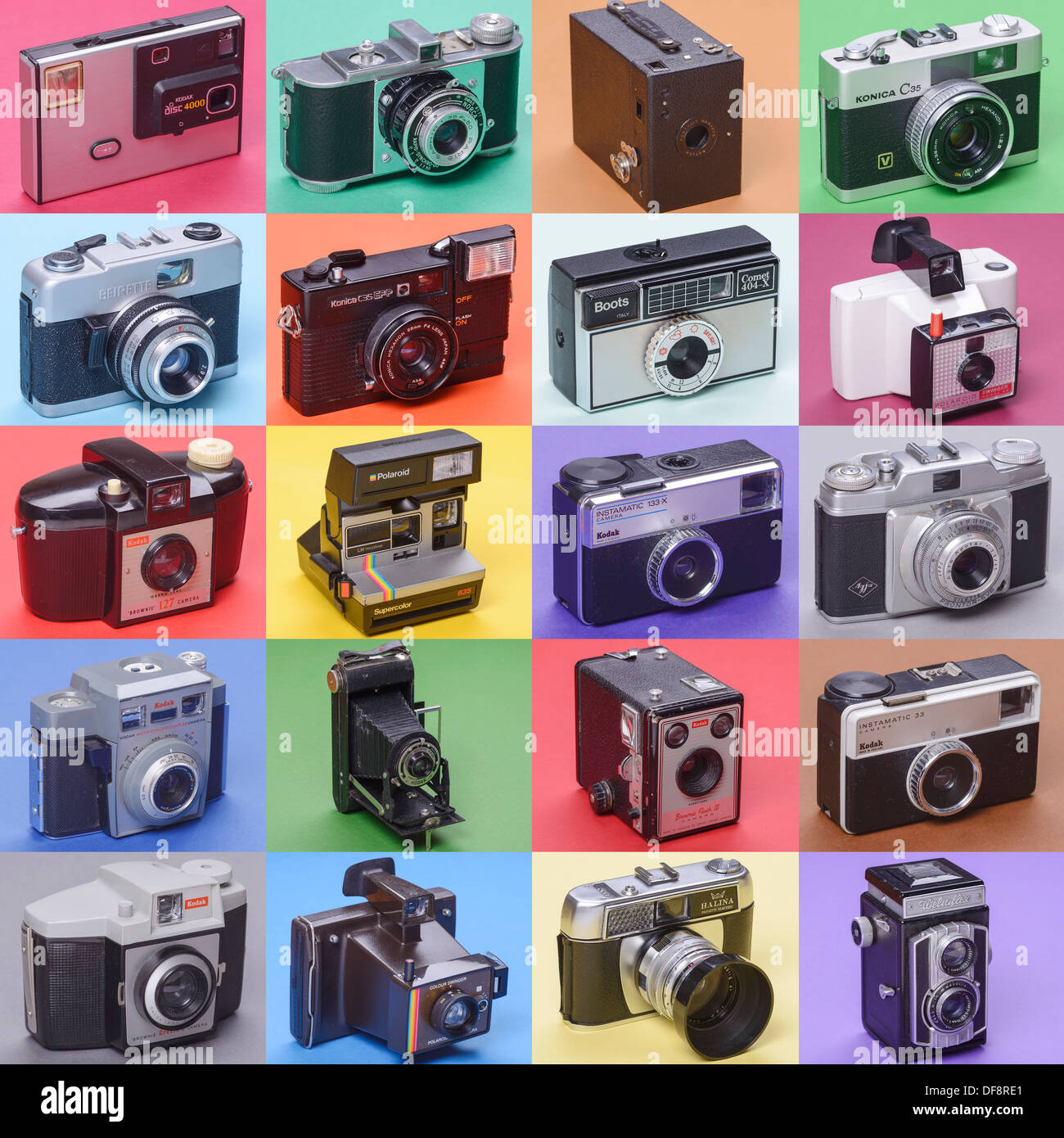 Collection of twenty old classic vintage and retro cameras by Kodak Polaroid Konica Halina and others Stock Photo