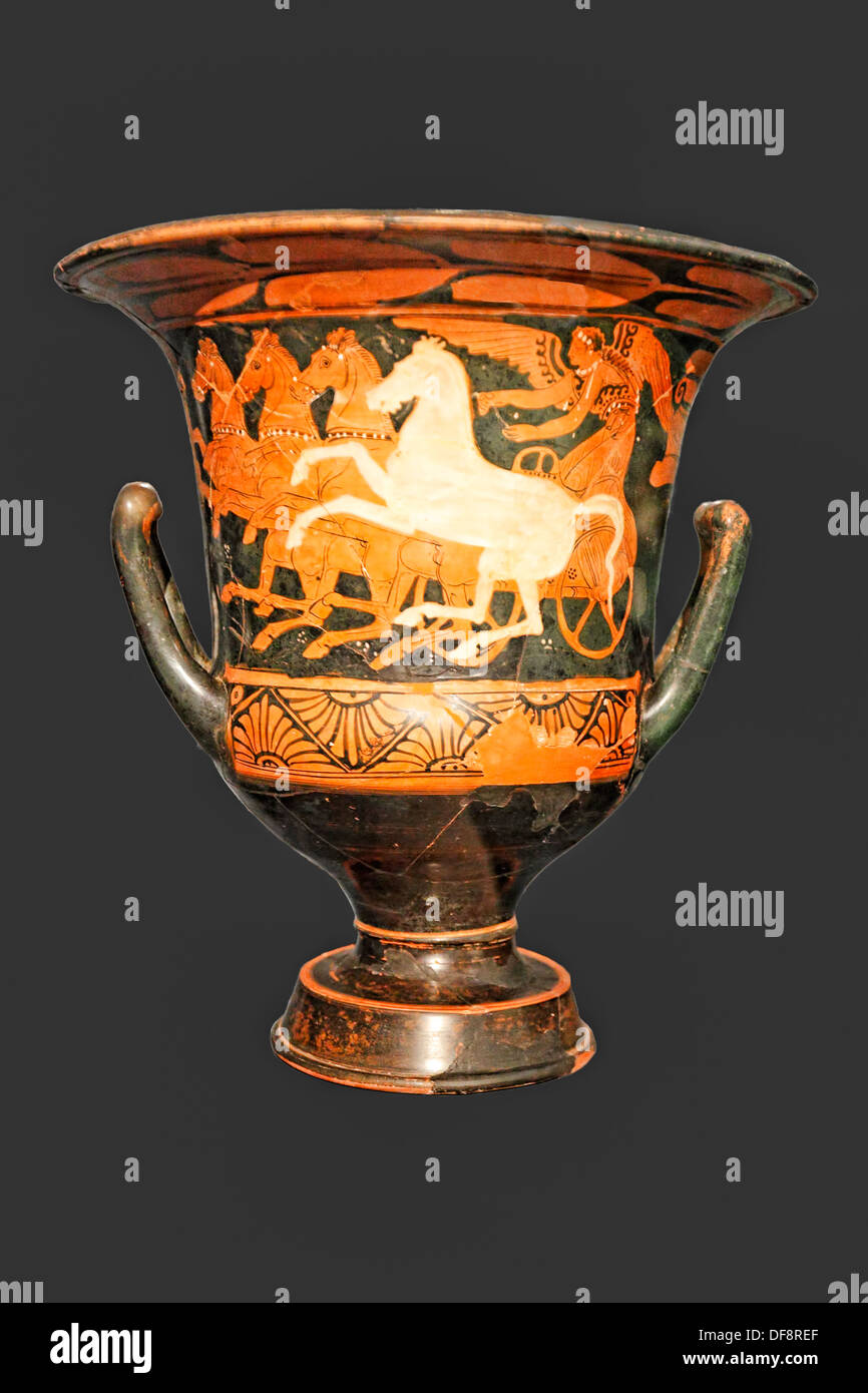 Red-figure calyx krater with Nike driving tethrippon (4th cent. B.C.) in National Museum, Greece Stock Photo