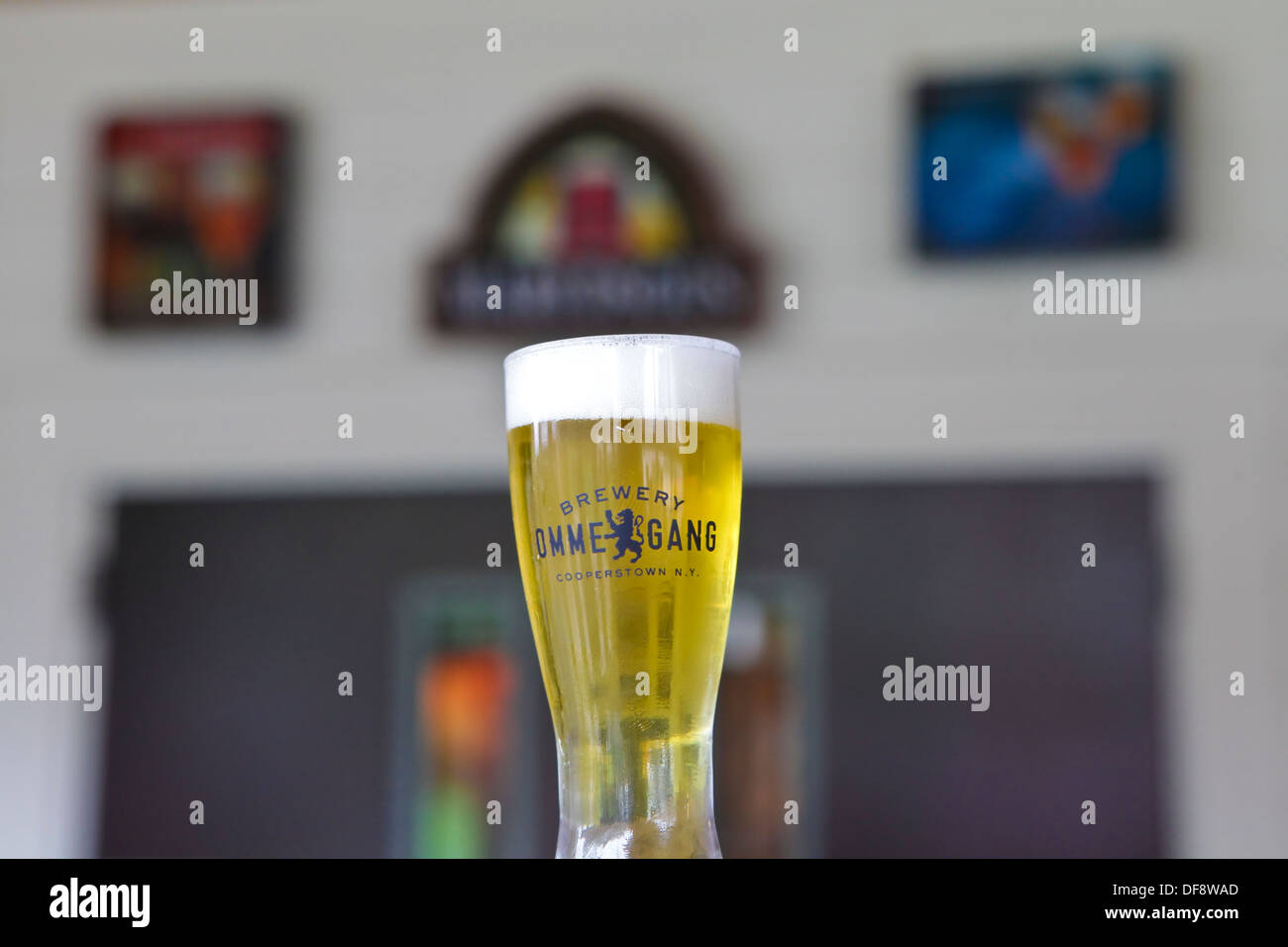 A beer is seen in Ommegang Brewery tasting room in Cooperstown, NY Stock Photo