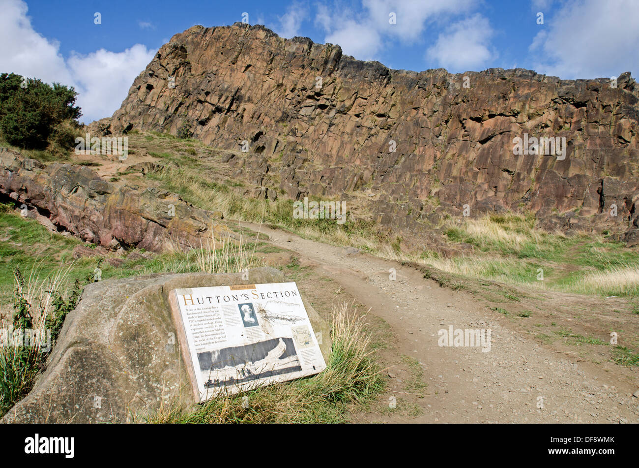An information board in Holyrood Park marking the location of Hutton's Section on Salisbury Crags in the centre of Edinburgh. Stock Photo