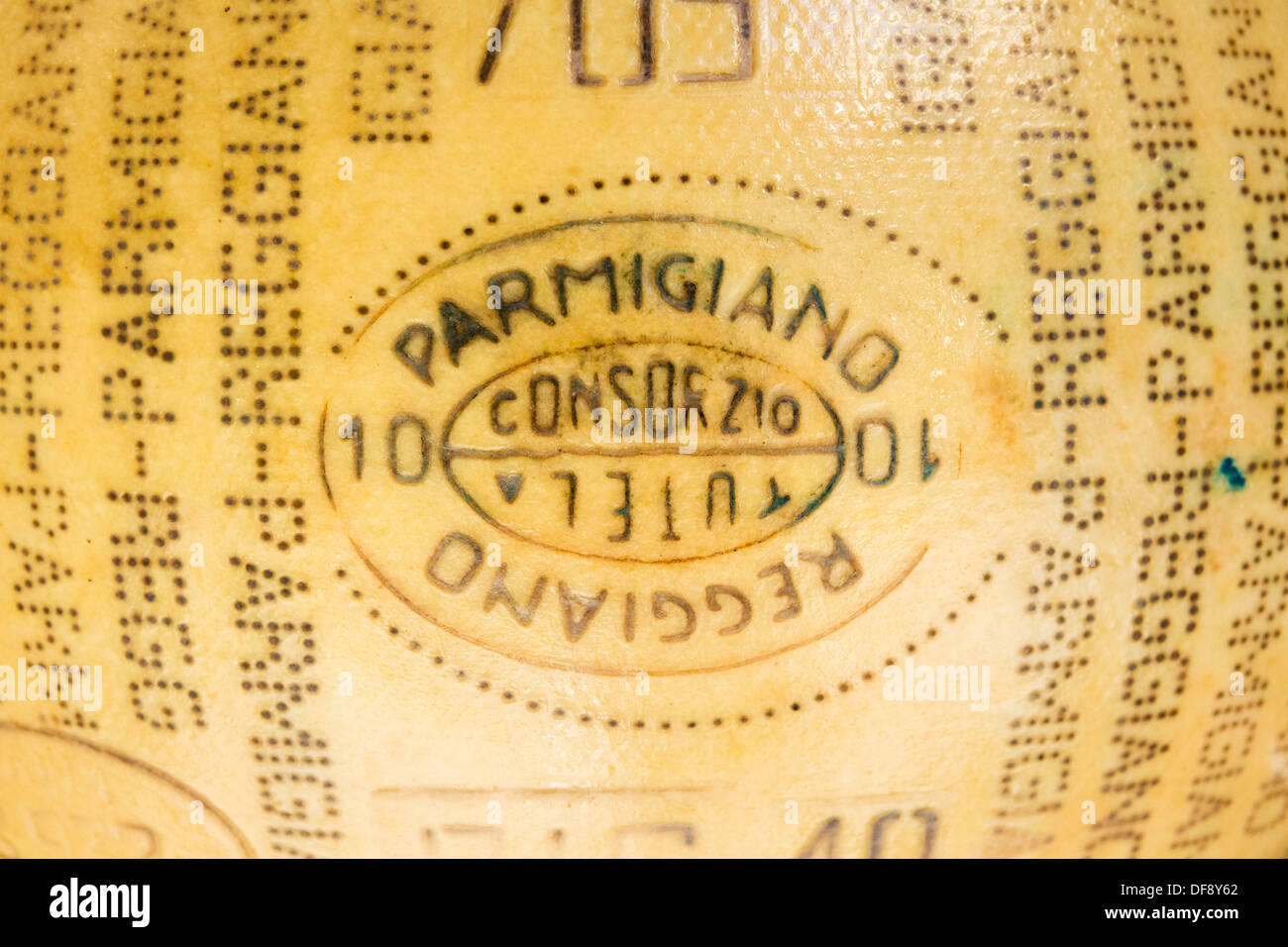 Close up of the stamp on a wheel of Parmigiano Reggiano cheese, Reggio Emilia, Emilia Romagna, Italy Stock Photo