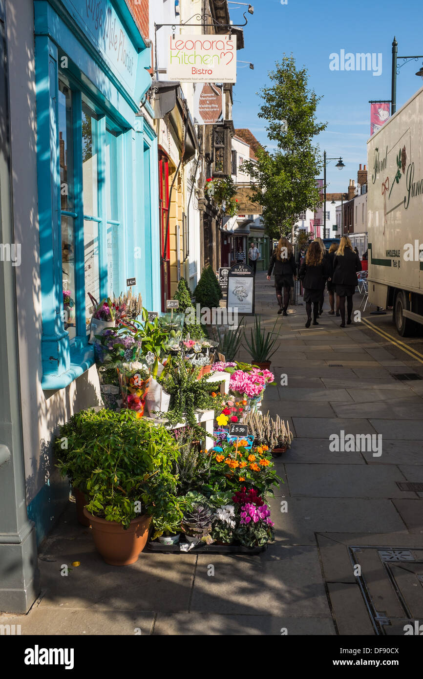 Florist Shop with Fresh Flowers Outside. Stock Photo
