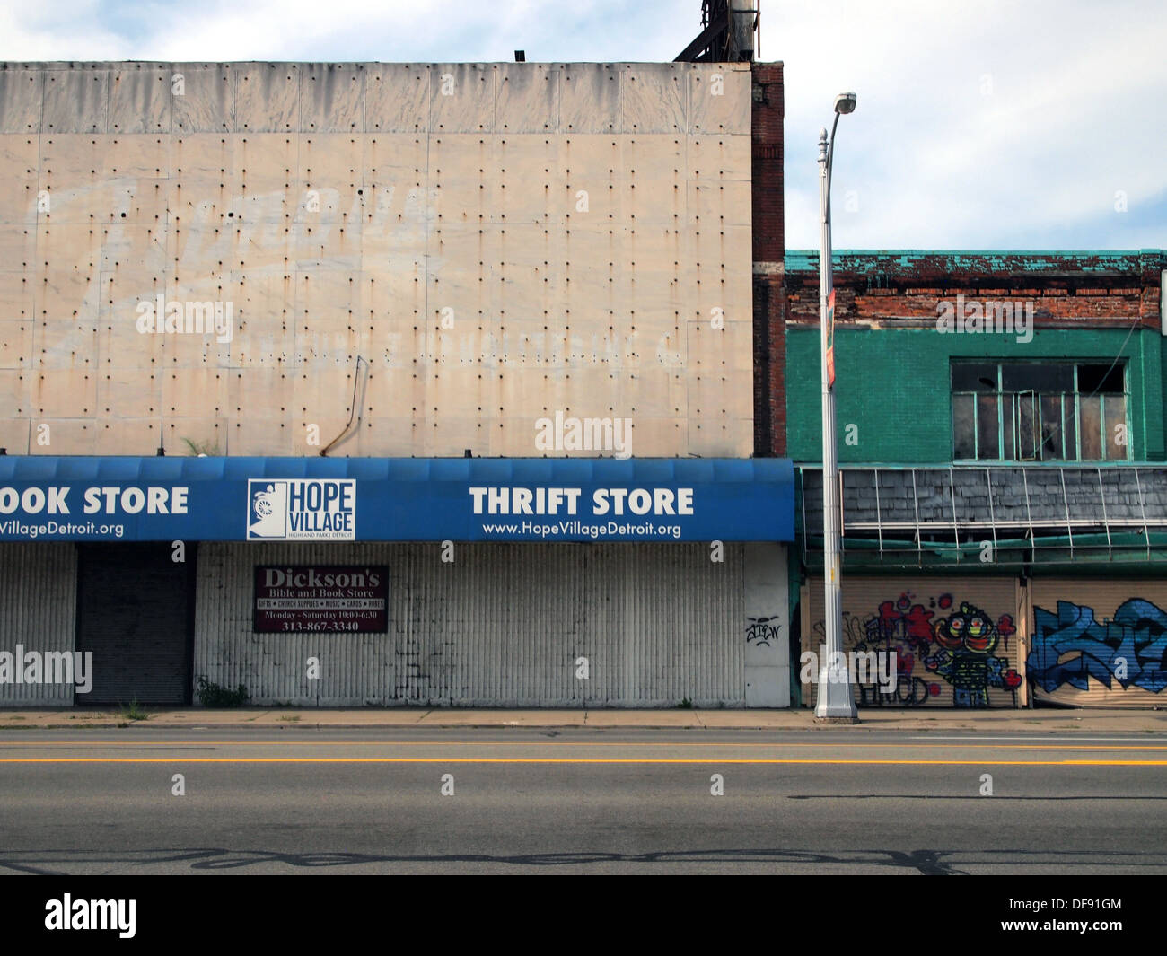 Boarded up stores and shops along Woodward Avenue, Detroit, Michigan