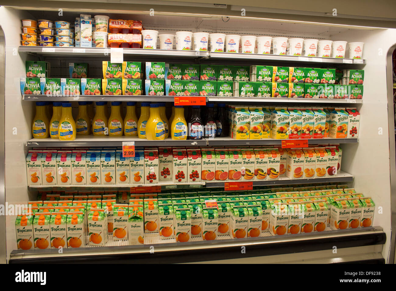 Fresh Juice yogurt section of a supermarket Stock Photo