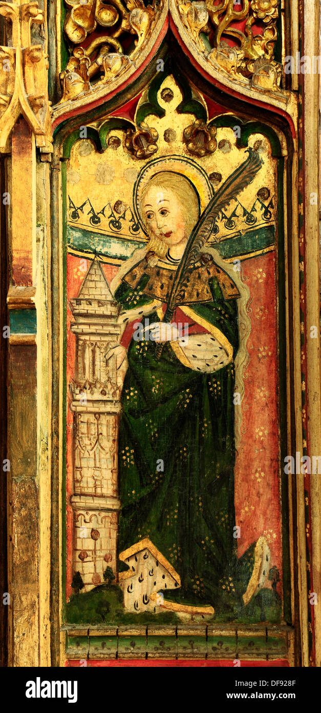 Eye, Suffolk, medieval Rood Screen painting 1480, St. Barbara with tower and palm branch, paintings art christian saint saints