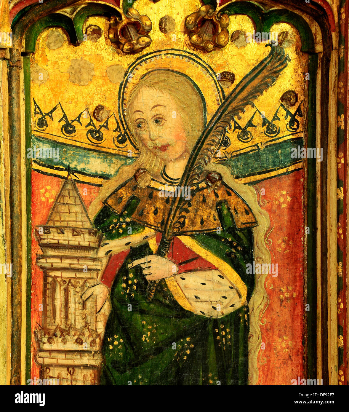 Eye, Suffolk, medieval Rood Screen painting 1480, St. Barbara with tower and palm branch, paintings art christian saint saints