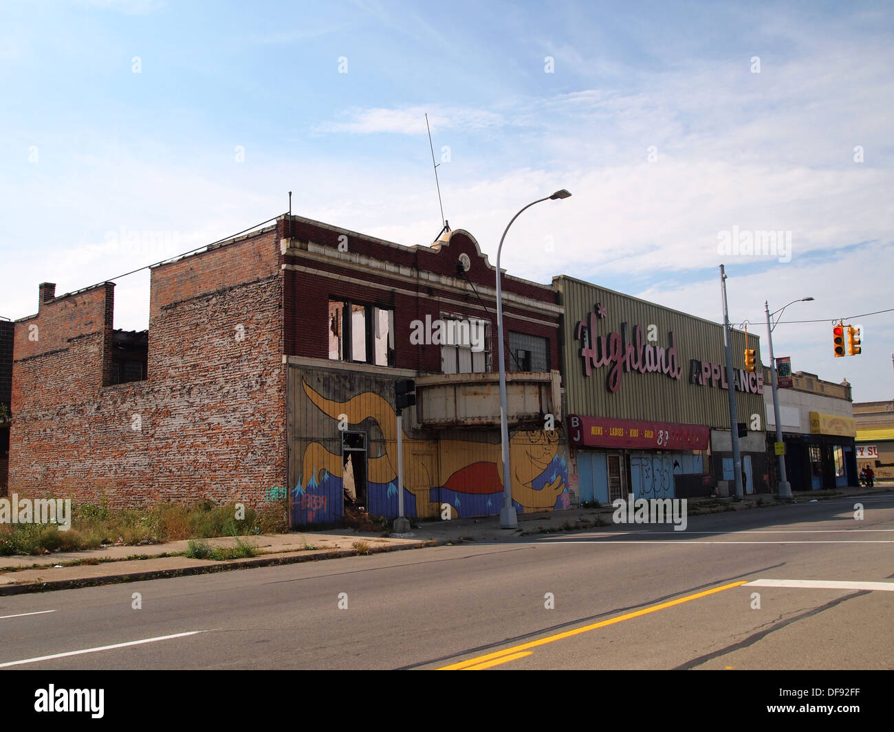Derelict and boarded up buildings along Woodward Avenue, Highland Park
