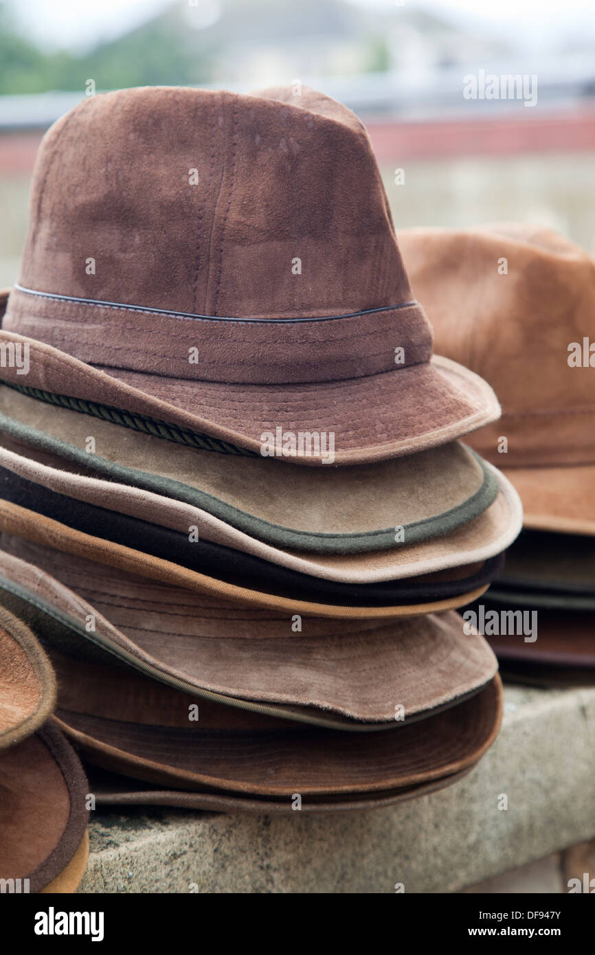 Trilby hats stacked and for sale Walcot Market, Bath Stock Photo