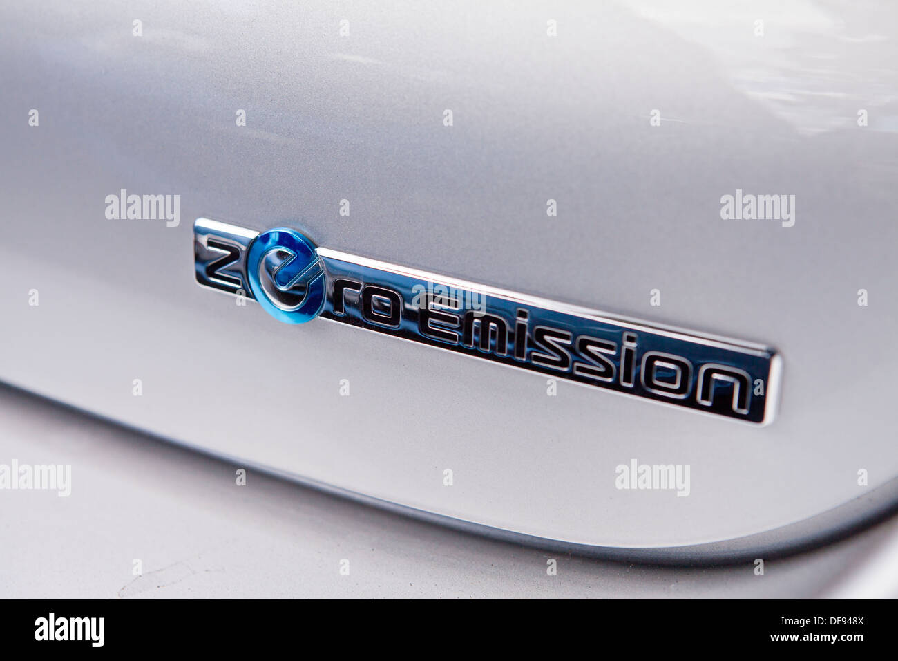 Nissan Leaf electric car Zero Emission badging Stock Photo