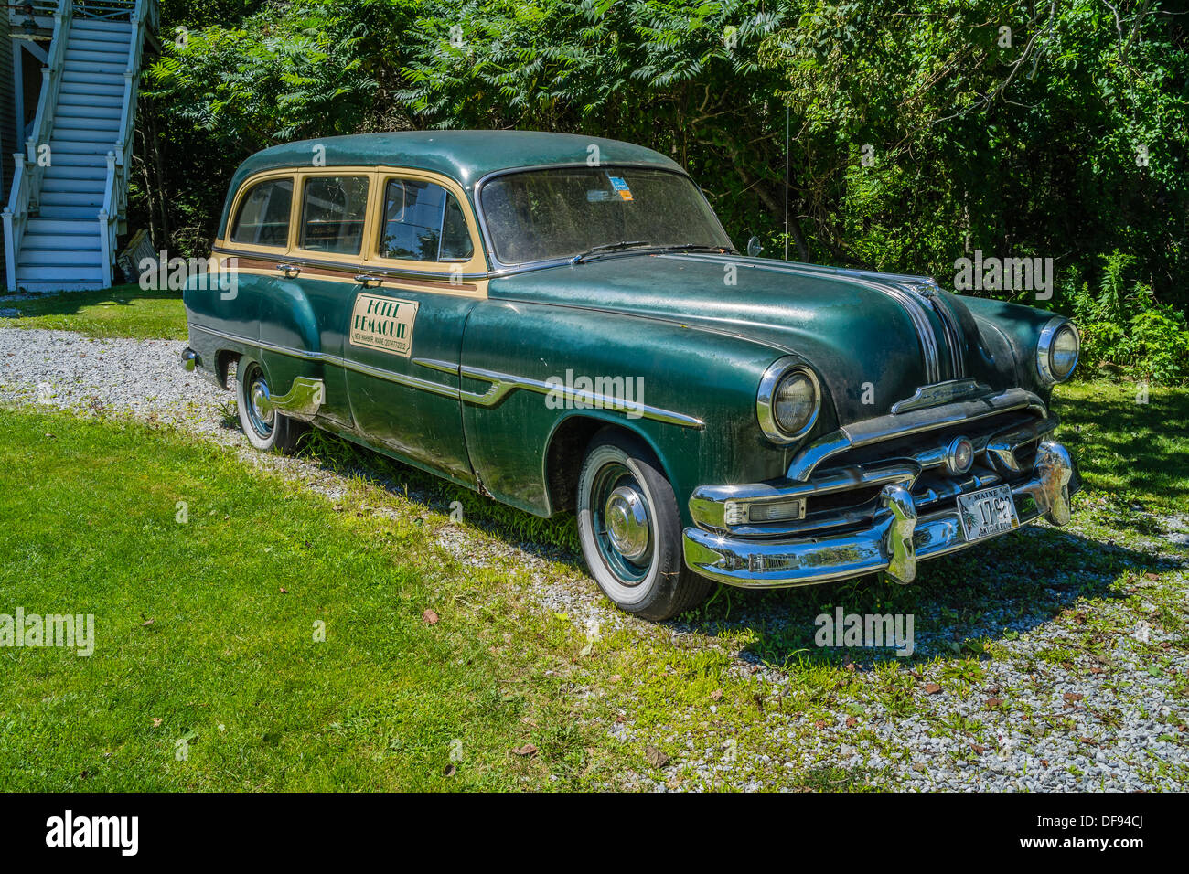 A front view of the courtesy car for the historic Hotel Pemaquid in Pemaquid, Maine, a 1953 Pontiac woody. Stock Photo