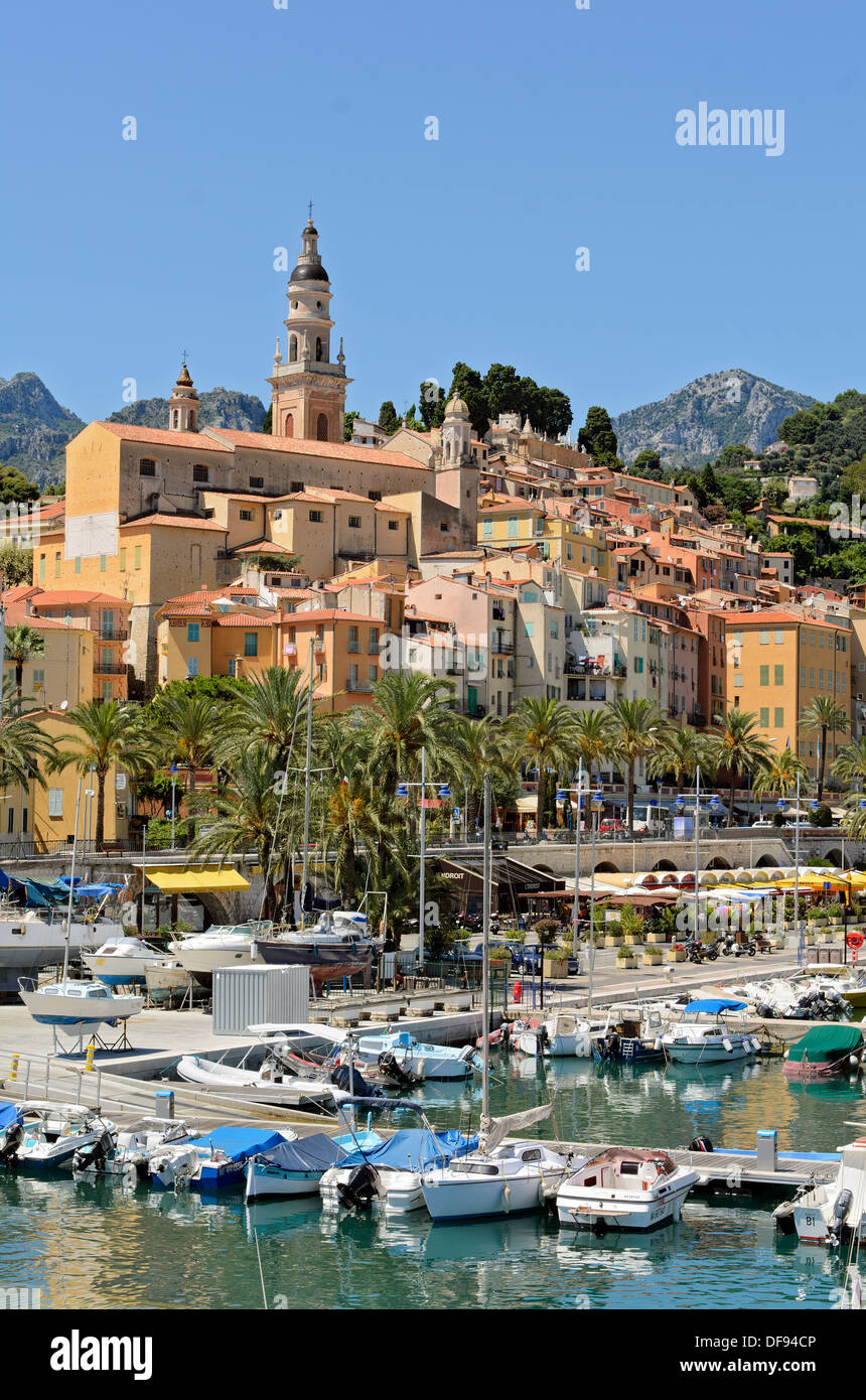 View of the harbour and town of Menton on the Cote d'Azur in France, seen from the marina Stock Photo