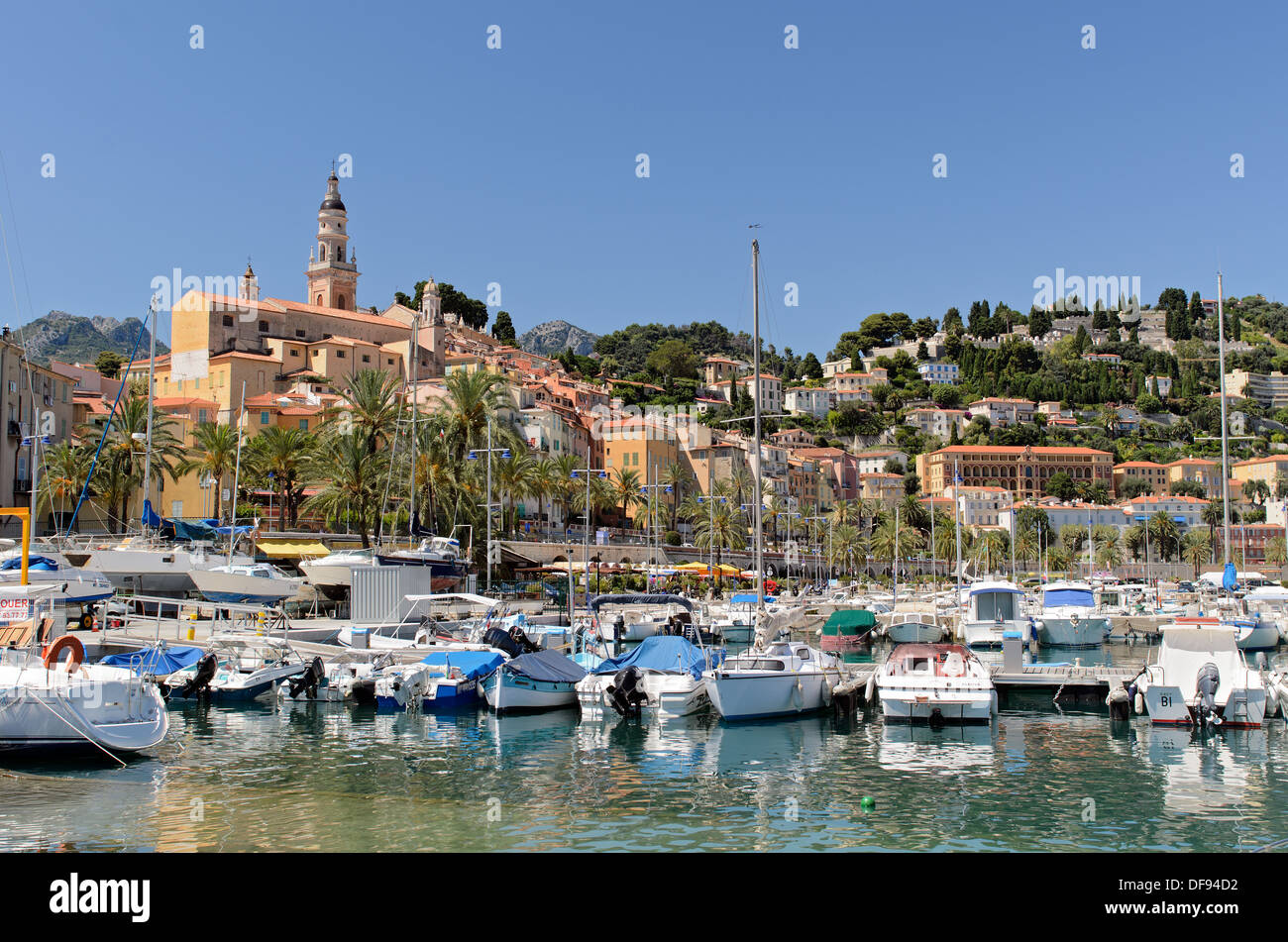 View of the harbour and town of Menton on the Cote d'Azur in France, seen from the marina Stock Photo