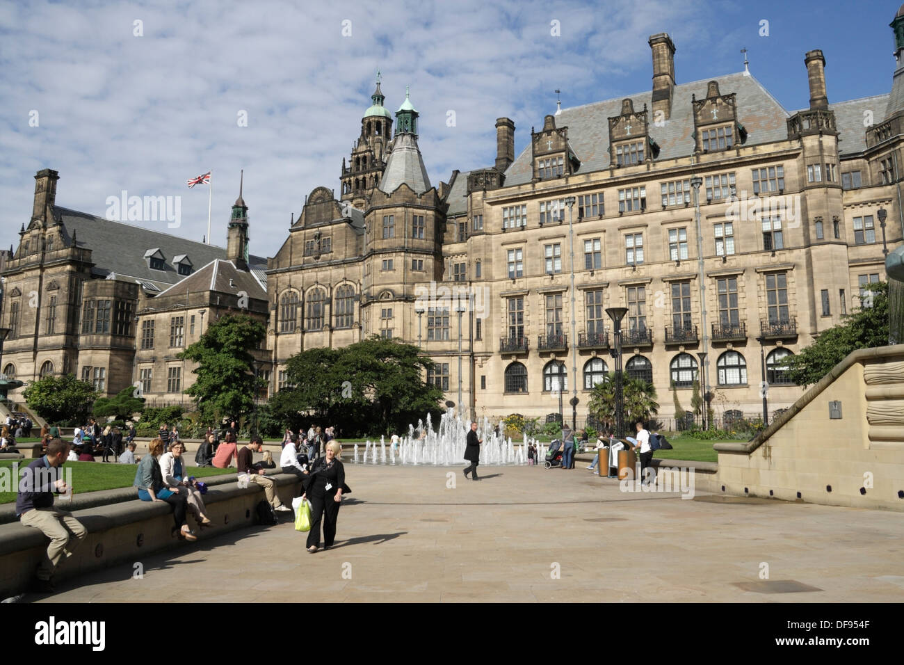 Sheffield Town Hall England and the Peace Gardens, City centre, victorian architecture, grade 1 listed building Stock Photo