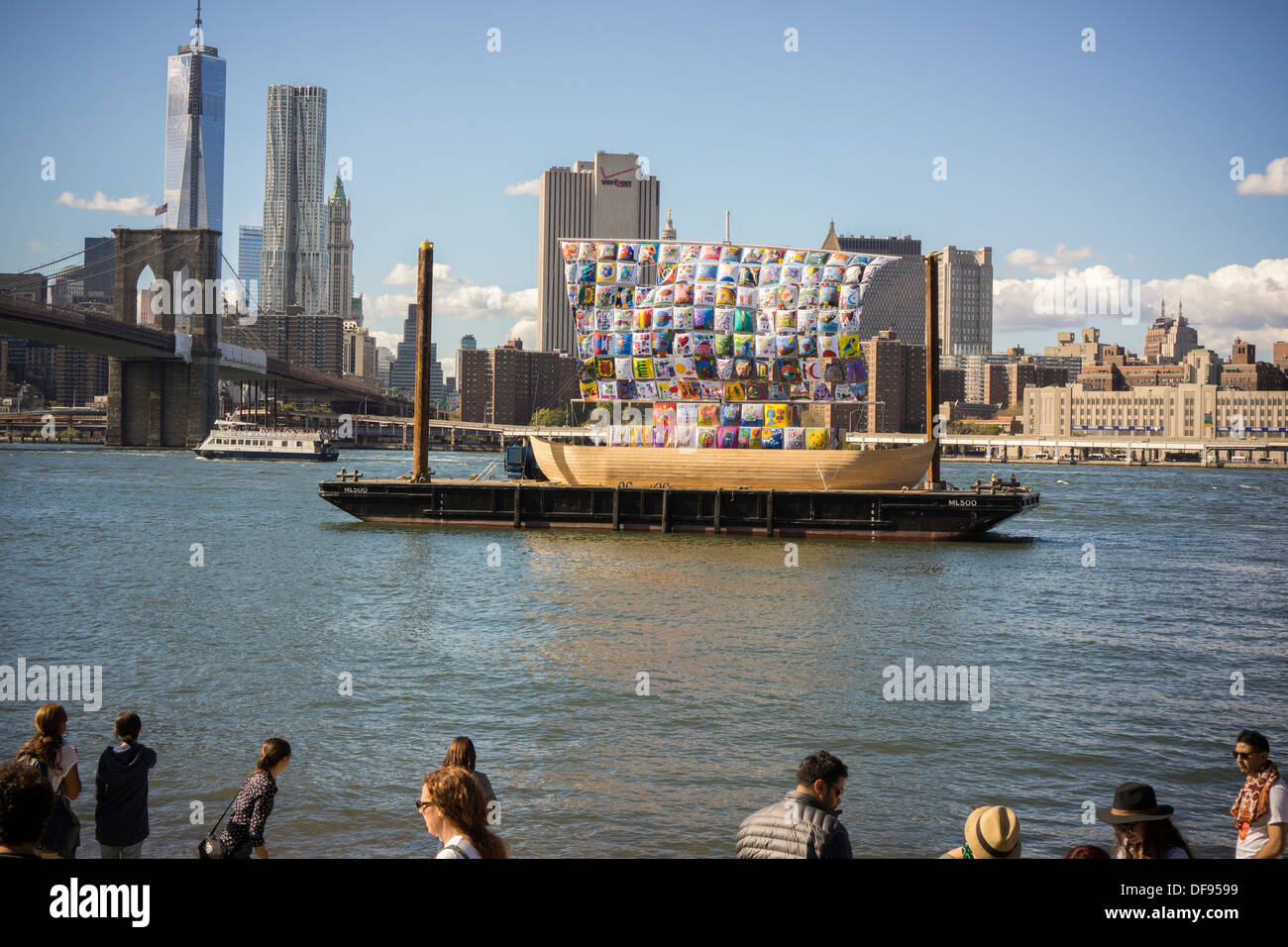 The 'Ship of Tolerance' by the artists Ilya and Emilia Kabakov floats in the Brooklyn neighborhood of Dumbo in NY Stock Photo