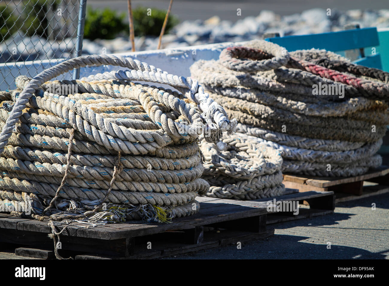 Docking rope or mooring lines dockside at the Port Of Los Angeles Stock