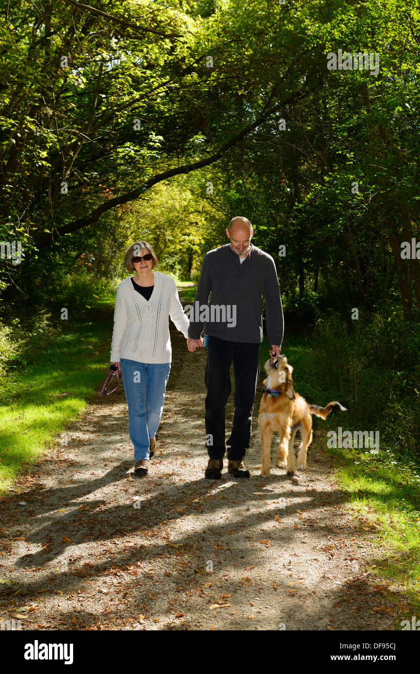 Couple holding hands walking up a woodland path with pet dog off leash in a Toronto park Stock Photo