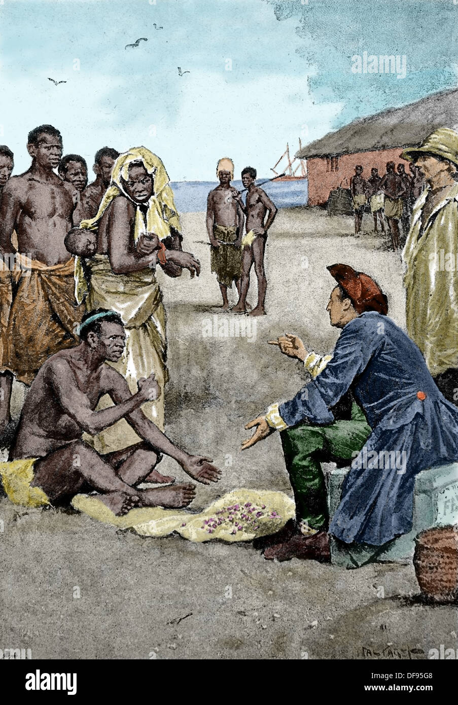 18th century. Slave trade. African coast. Guinea. Colored engraving