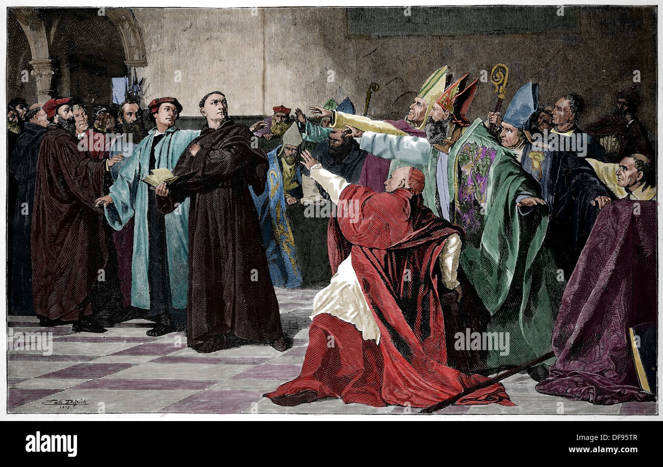 Martin Luther, 1483-1546). German reformer.Luther at the Diet of Worms. Colored engraving. Stock Photo
