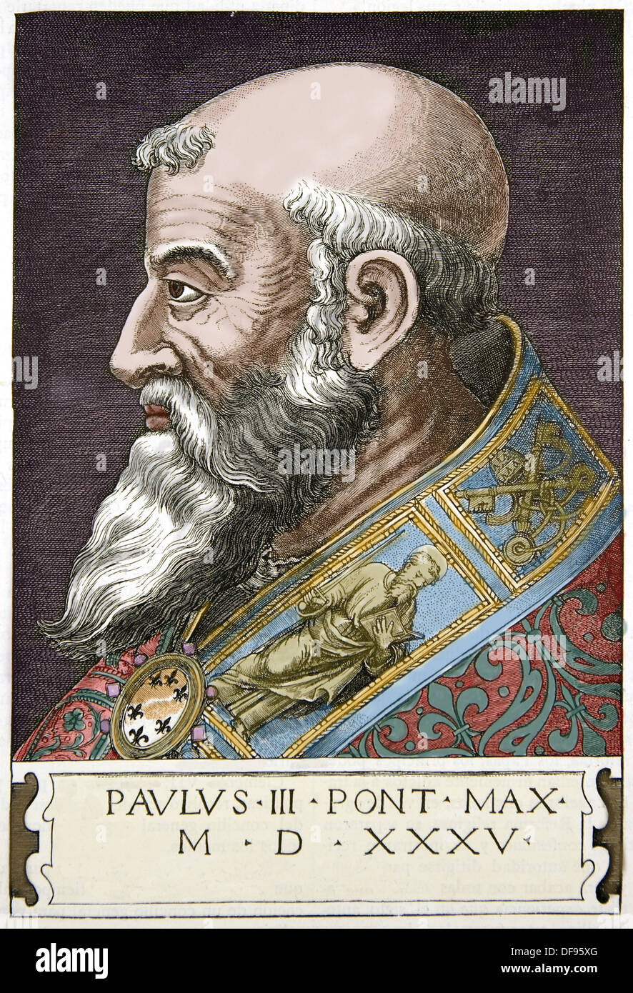 Paul IV (1476 –1559), Gian Pietro Carafa, was Pope from 23 May 1555 until his death. Colored engraving. Stock Photo