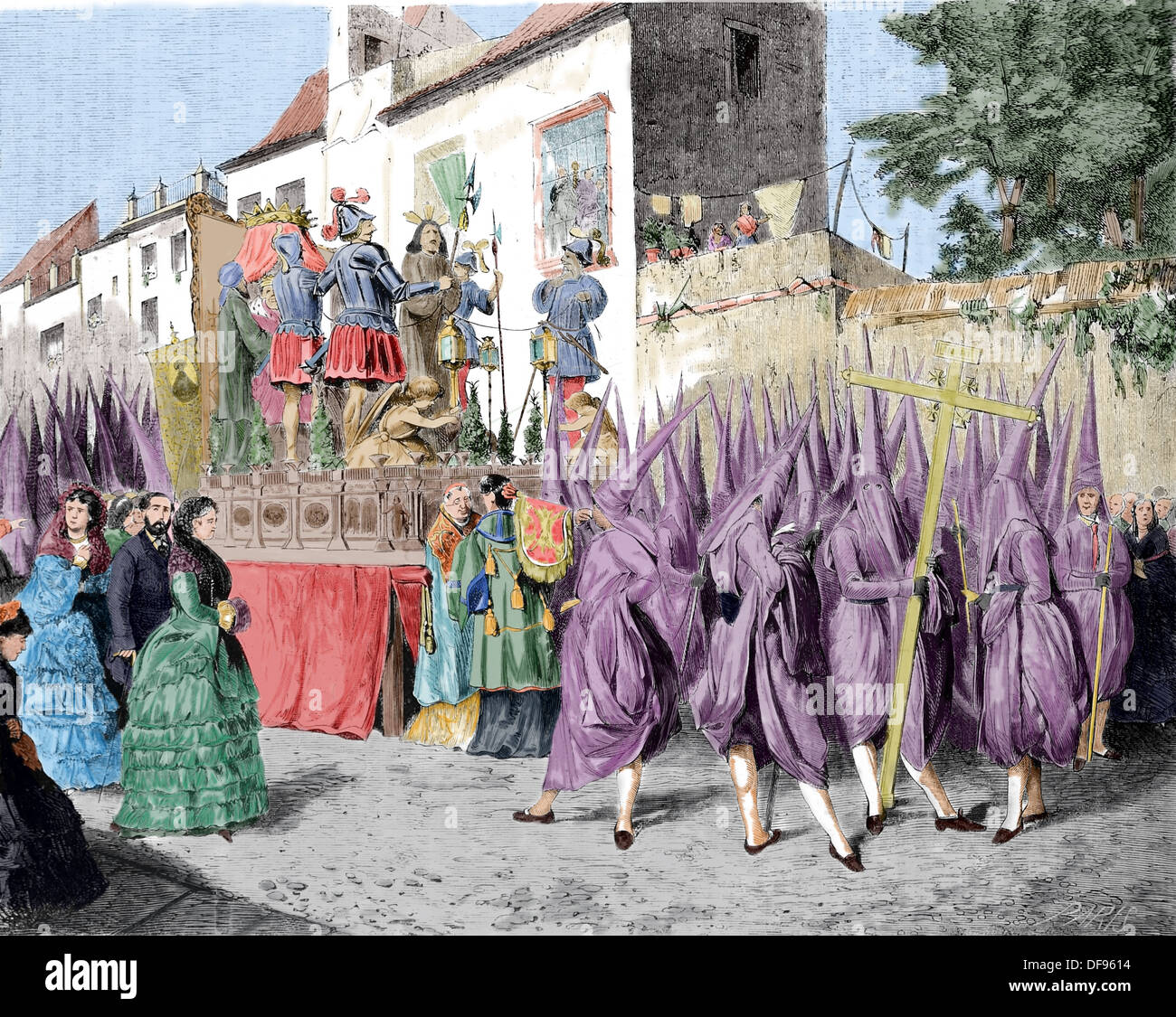 Spain. Andalusia. Holly Week in Seville. Procession of passos. Palm Sunday. Engraving. Color. Stock Photo