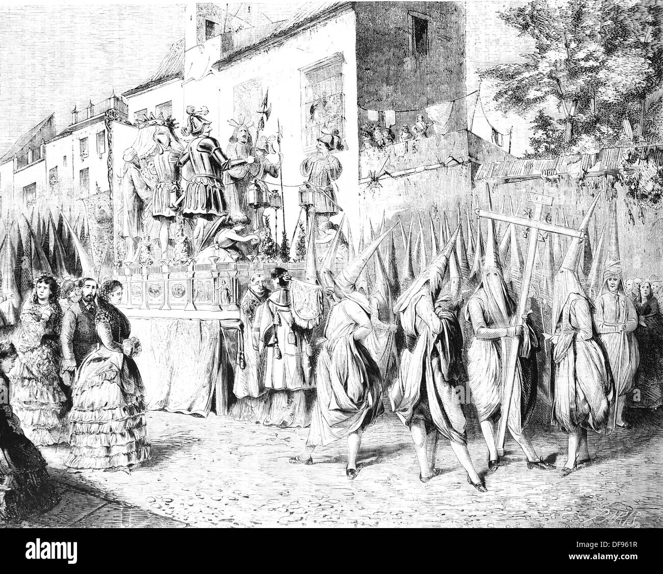 Spain. Andalusia. Holly Week in Seville. Procession of passos. Engraving. 19th century. Stock Photo