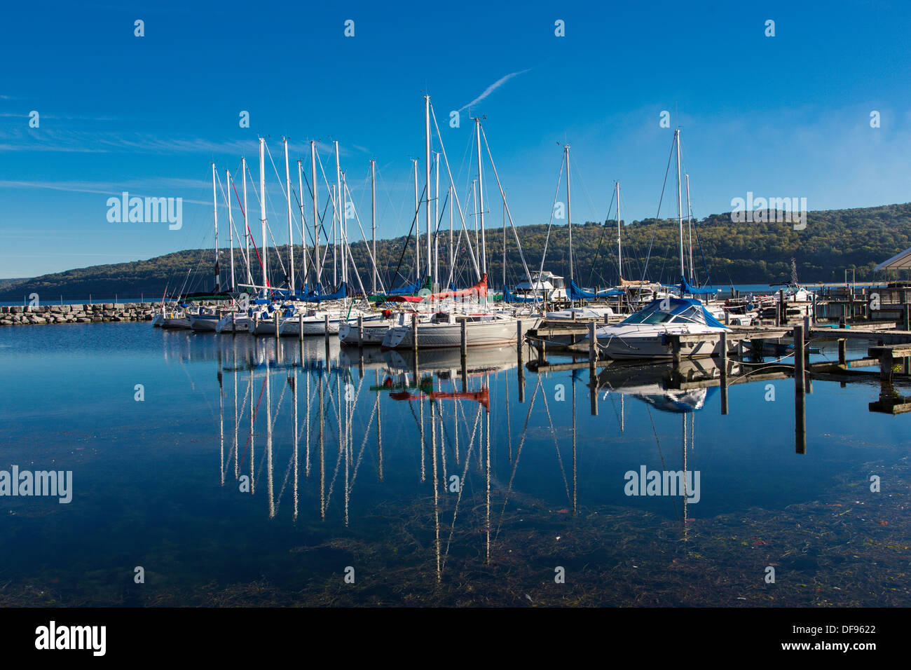 Boats in harbor on Seneca Lake in the town of Watkins Glen in the Finger Lakes region of New York State Stock Photo