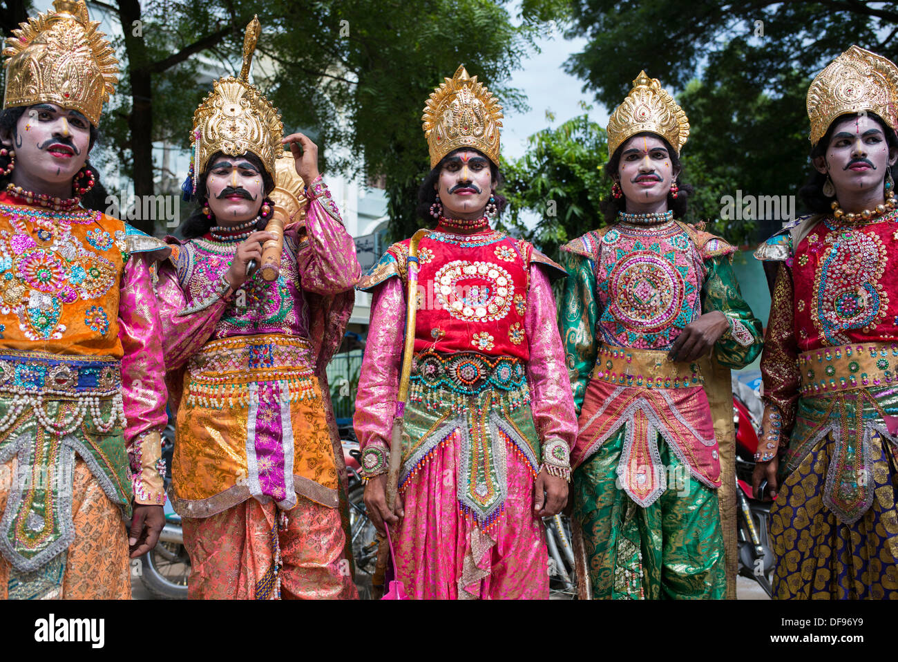 Indian men dressed as Indian Gods at a rally. Puttaparthi, Andhra Pradesh, India Stock Photo